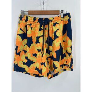 Quiksilver Men L Volley Shorts 17" Swim Trunks Floral Stretch‎ Neon Orange Blue